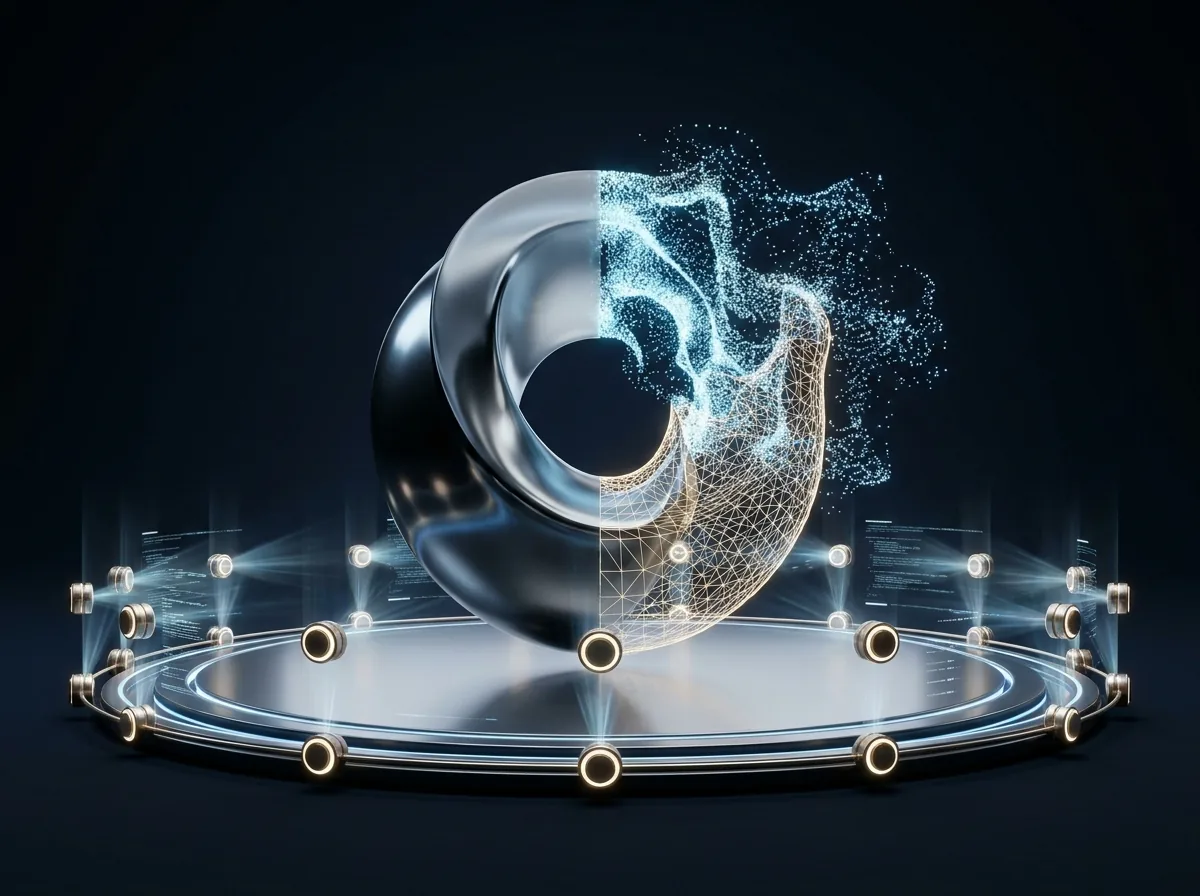 A real object dissolving into a glowing 3D point cloud on a holographic capture stage