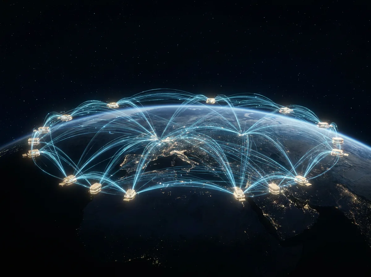 A dark globe ringed with glowing edge nodes streaming light between cities