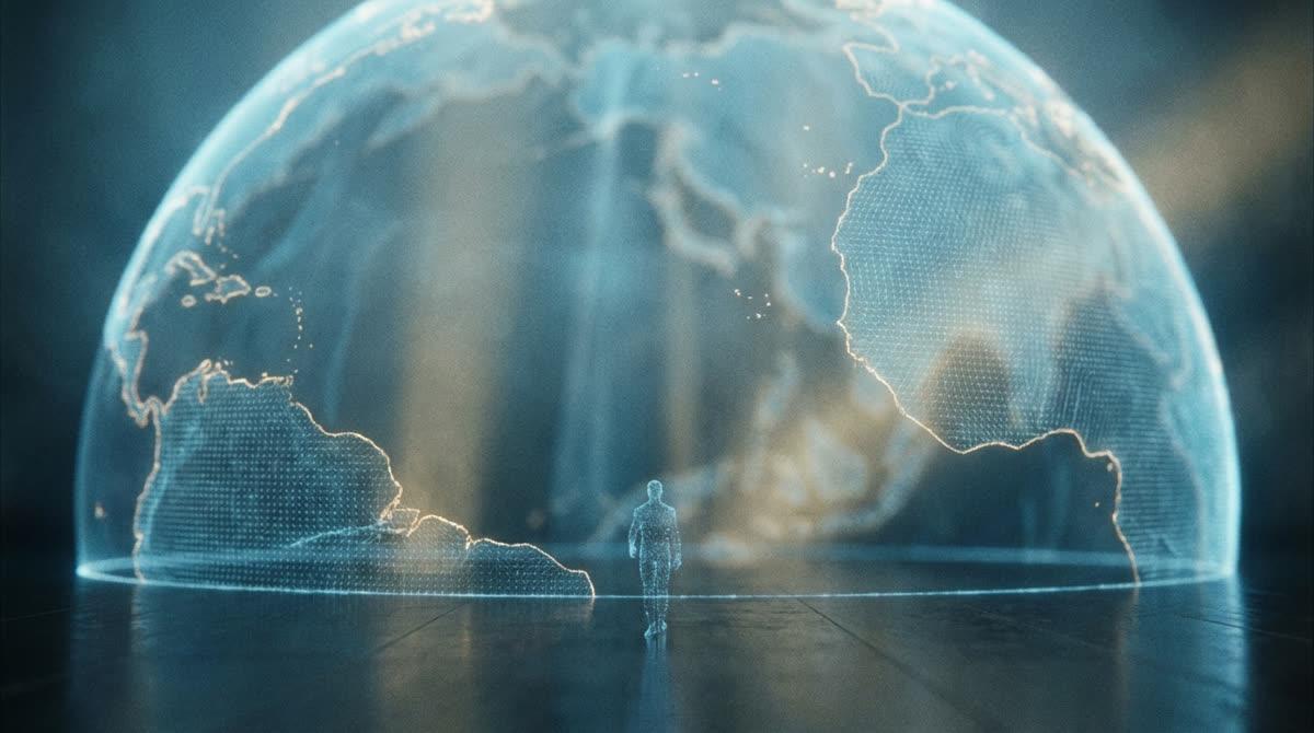 A small figure standing inside a vast glowing holographic planet