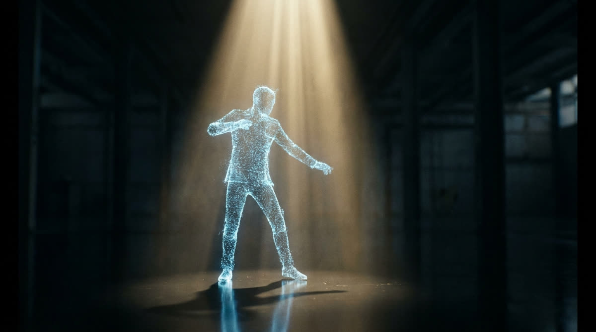 An abstract holographic performer of light on a dark stage under a gold shaft
